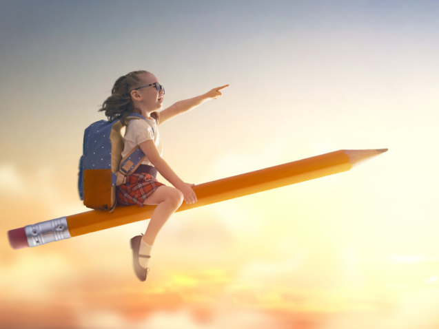 Back to school! Happy cute industrious child flying on the pencil on background of sunset sky. Concept of education and reading. The development of the imagination.